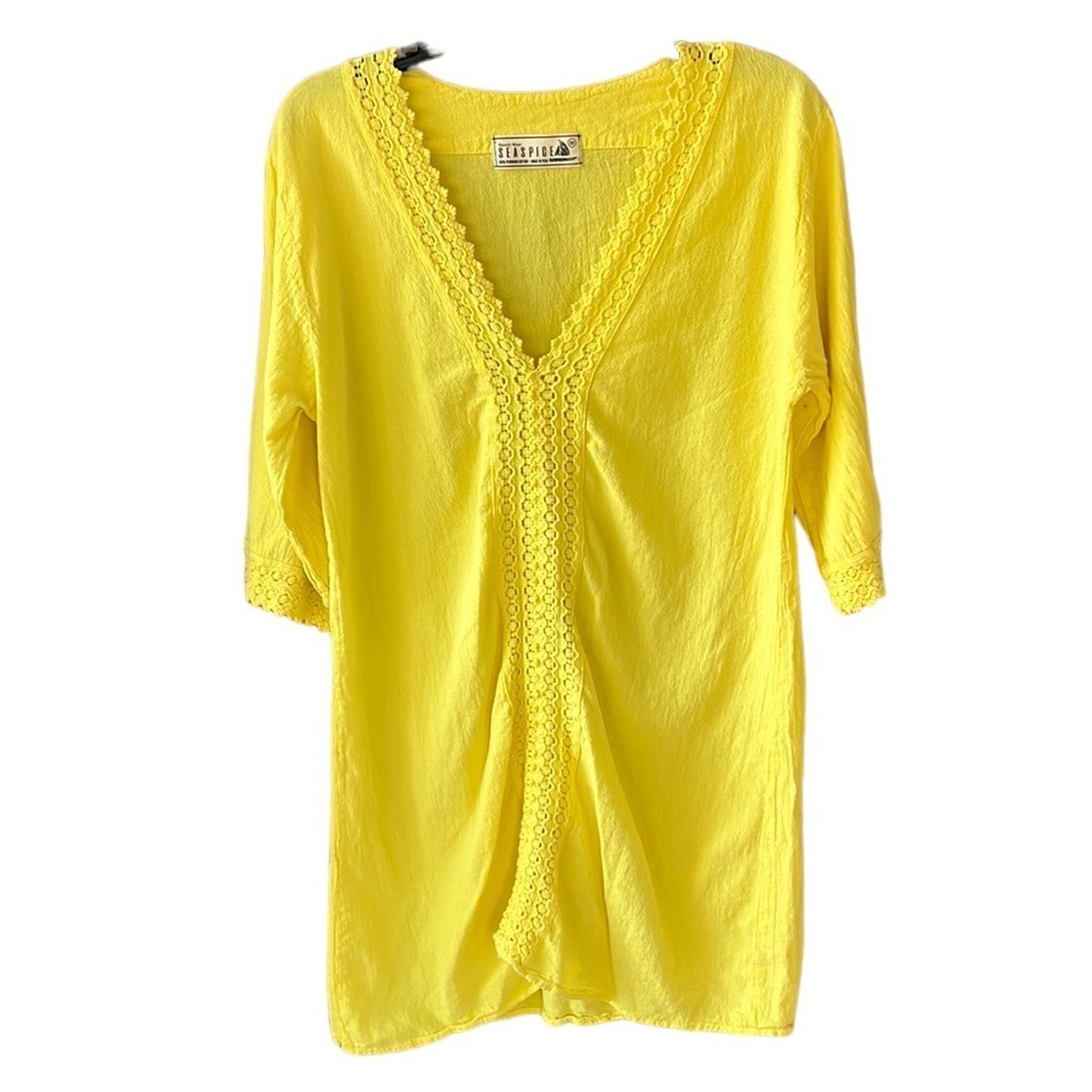 Seaspice Yellow Peruvian Cotton V Neck Swim Cover Medium Crocheted Beachy Boho